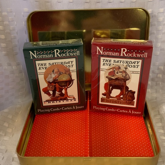 2 sealed decks of Norman Rockwell Christmas themed playing cards in festive tin. - Picture 3 of 5